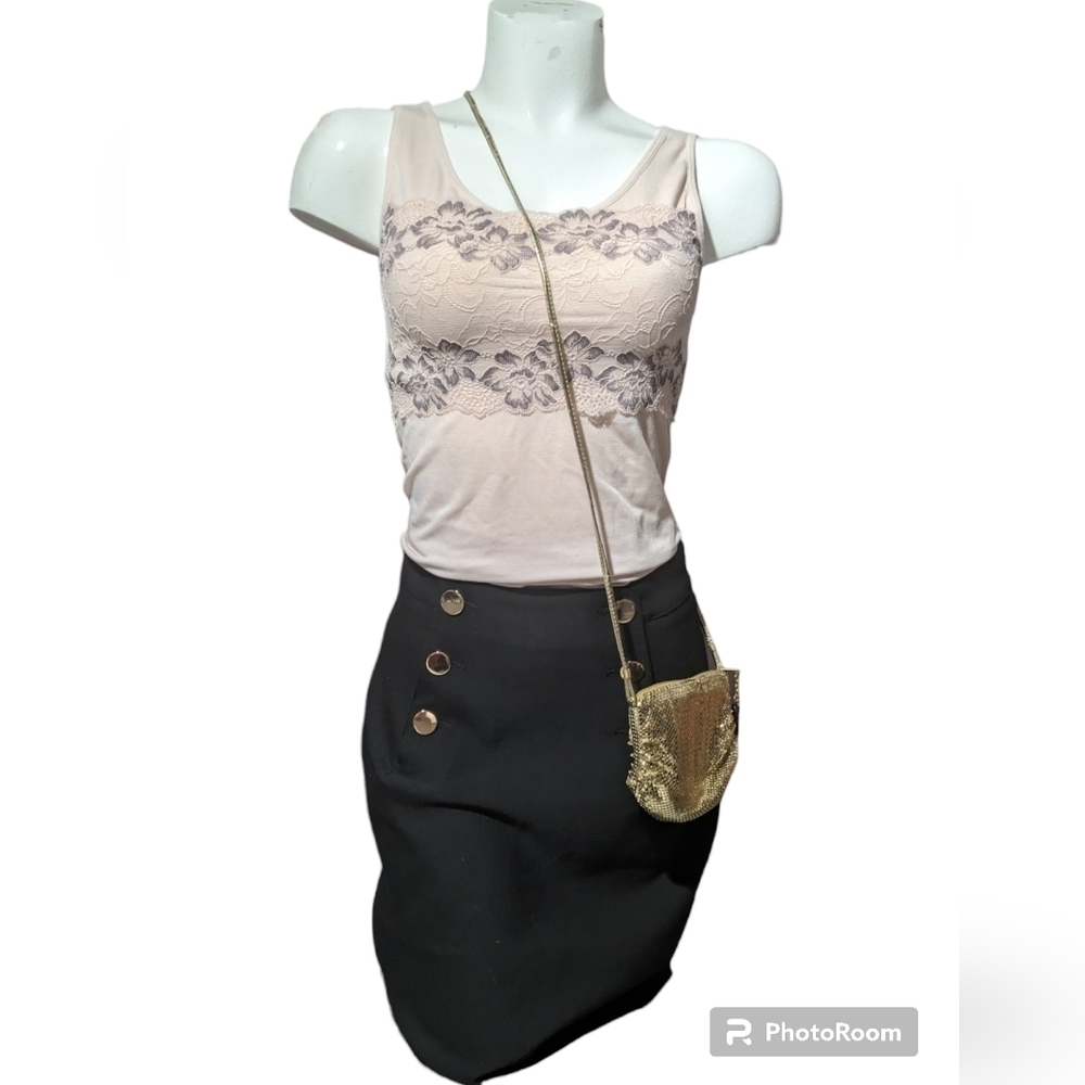 H&M Black Pencil Skirt Gold Button Detail High Waist Work Office Size 4